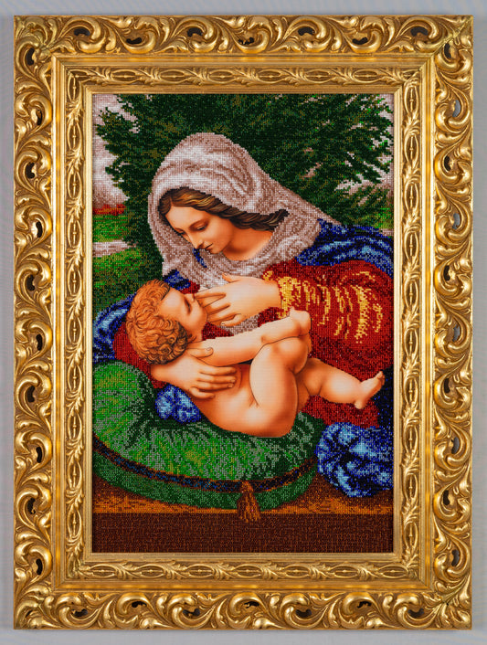 Madonna and Child in the Garden hand bead embroidery by Raisa Yevtushenko in a gold-leaf wooden frame