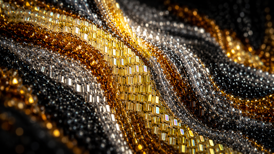 Macro view of contemporary bead embroidery with gold, silver, amber, yellow and black glass beads reflecting light across a textured surface.