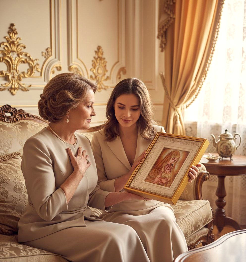 Gift-themed visualization of a mother and adult daughter admiring the framed Gold Madonna artwork in an elegant living room.