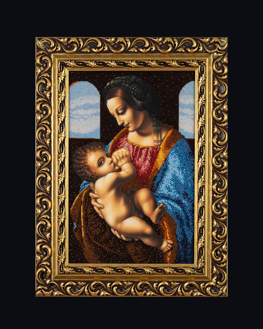 Madonna inspired by Leonardo da Vinci, one-of-a-kind bead embroidery artwork in an ornate gold-leaf wooden frame