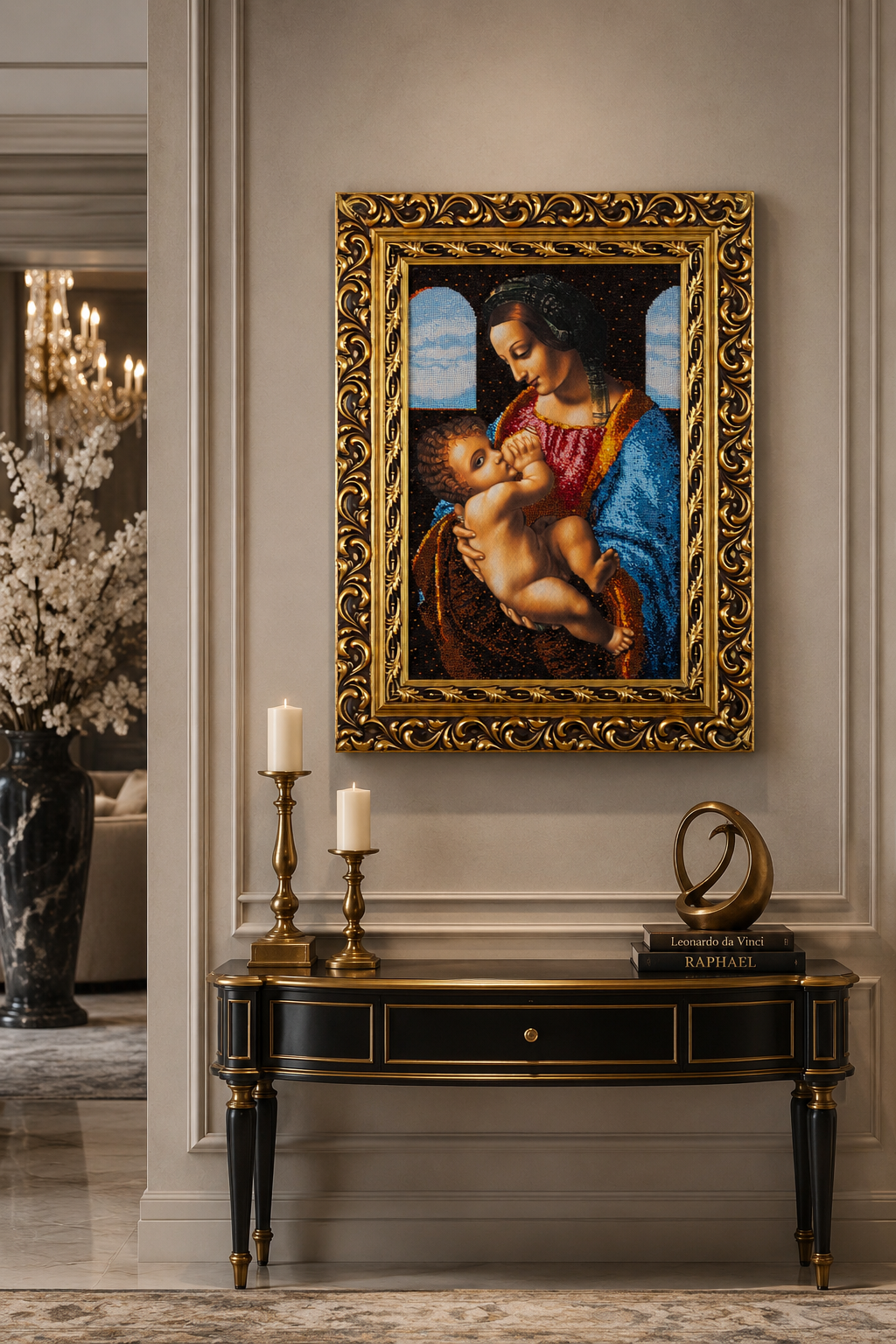 Madonna bead embroidery artwork displayed in an elegant luxury interior, showing its scale and presentation in a residential setting