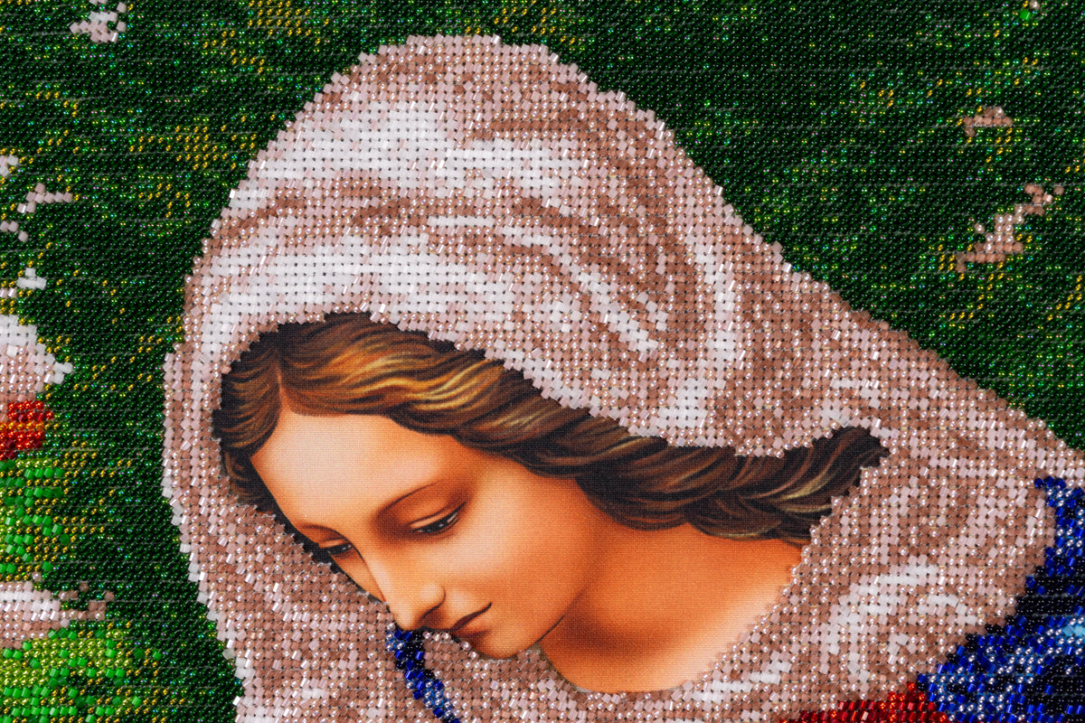 Close-up of the Madonna showing detailed Czech and Japanese glass bead embroidery