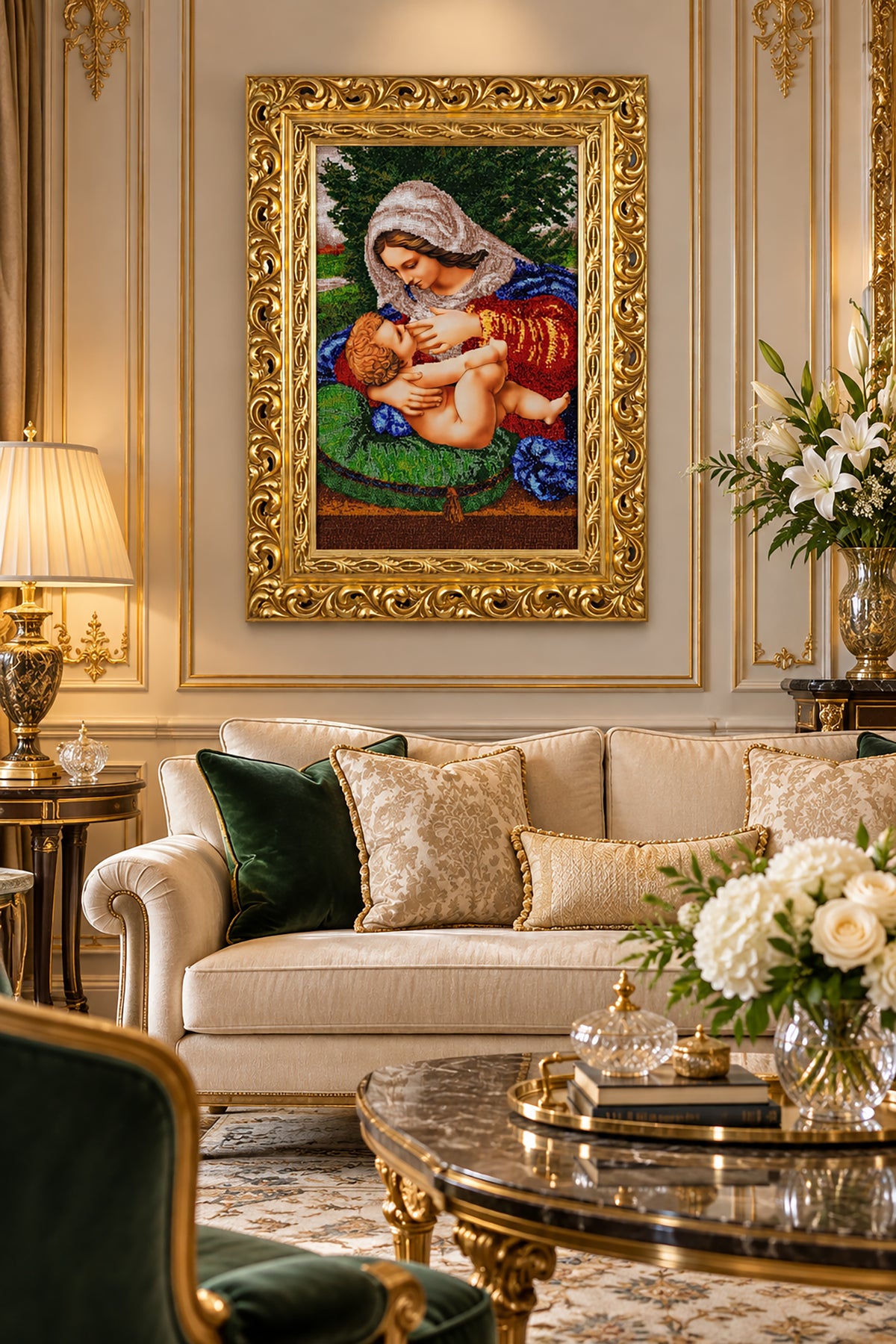 Madonna and Child in the Garden bead embroidery displayed in an elegant classical interior