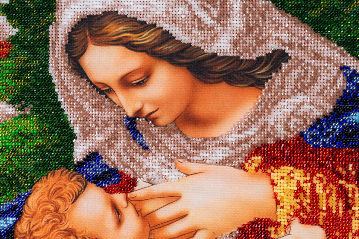 Close-up of Madonna and Child revealing the texture and precision of hand bead embroidery