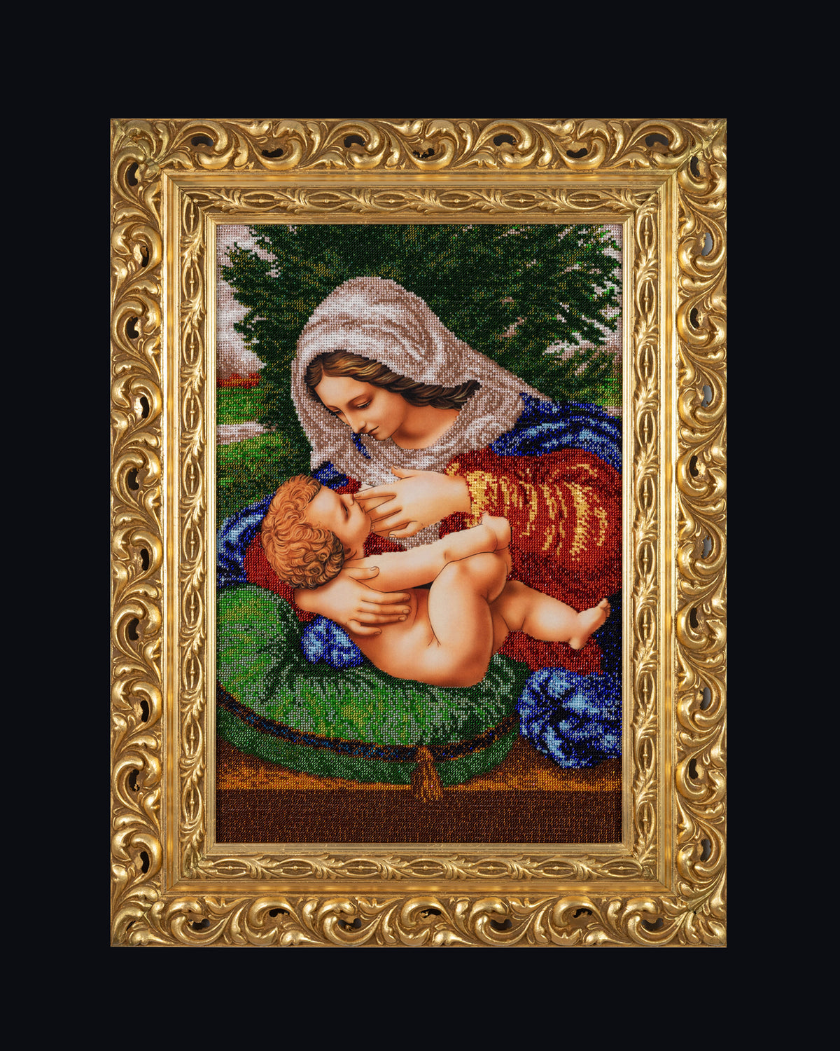 Madonna and Child in the Garden, one-of-a-kind hand bead embroidery artwork by Raisa Yevtushenko