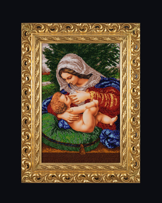 Madonna and Child in the Garden, one-of-a-kind hand bead embroidery artwork by Raisa Yevtushenko