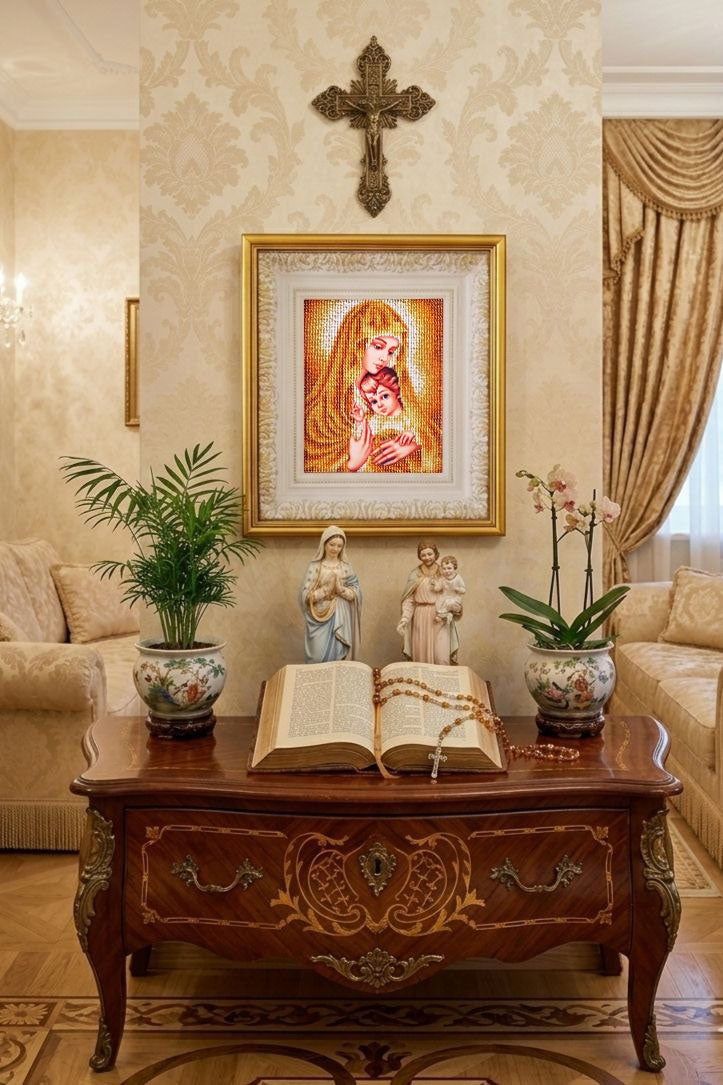 Interior visualization of framed Gold Madonna displayed above a wooden cabinet with an open Bible and religious statues.
