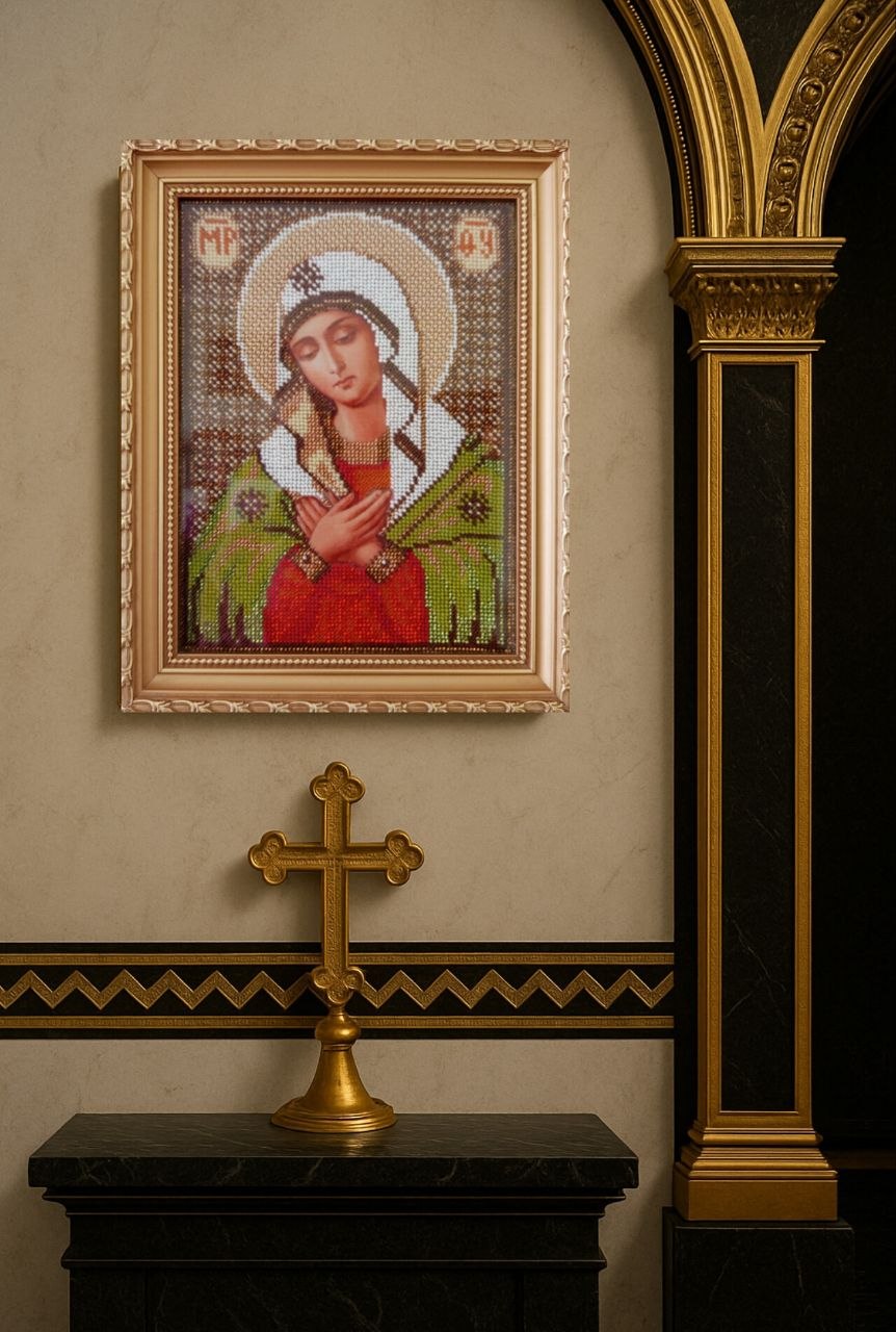 Virgin Mary icon in church interior, framed religious wall art