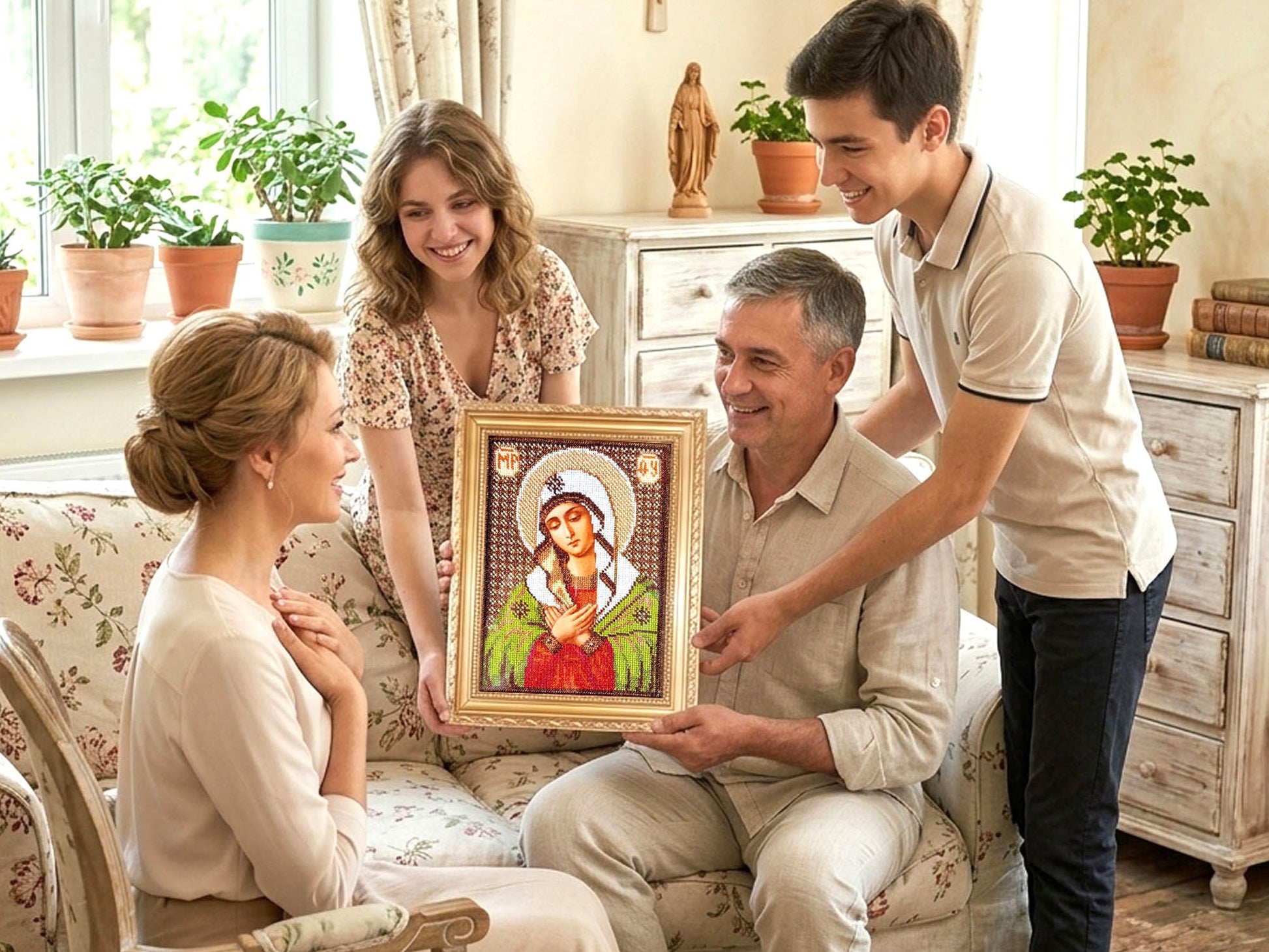 Virgin Mary icon as meaningful gift, family giving framed wall art