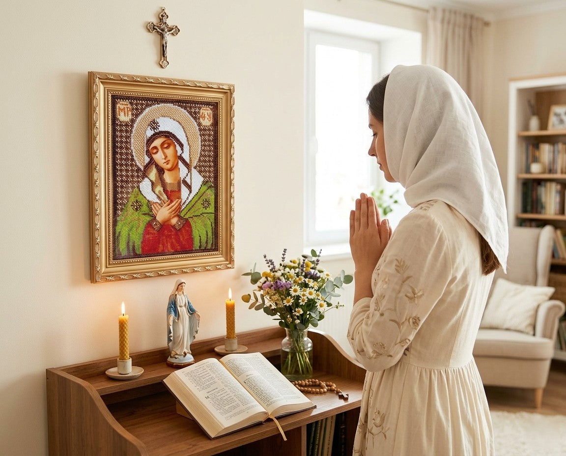 Virgin Mary icon in prayer interior, Catholic devotional wall art