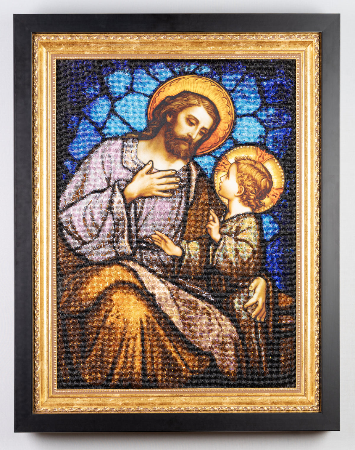 St. Joseph & Jesus by Raisa Yevtushenko, original hand-beaded sacred artwork in a gold wooden frame with black outer kiot