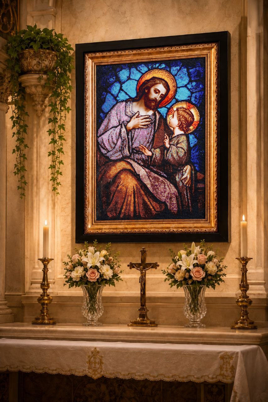 St. Joseph & Jesus bead embroidery artwork displayed above an altar in an elegant church interior with candles, flowers and crucifix