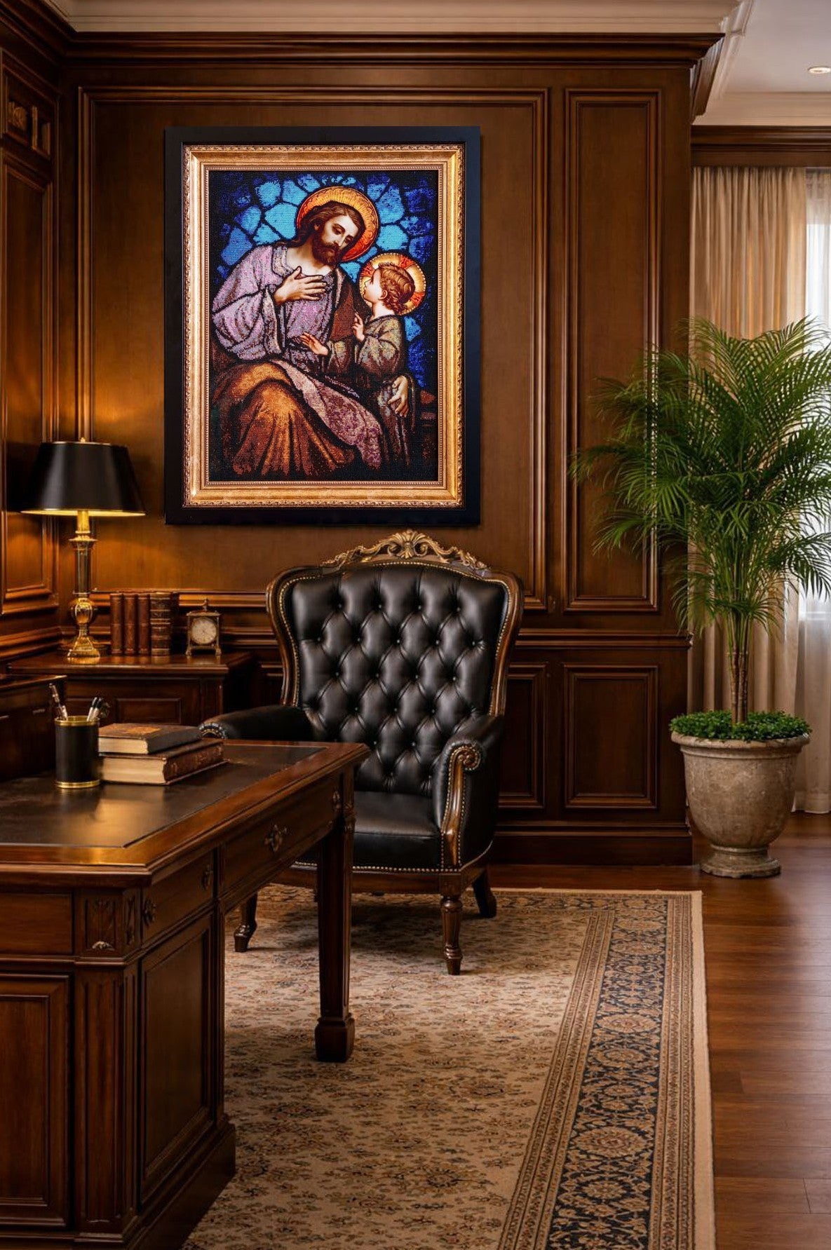 St. Joseph & Jesus bead embroidery artwork displayed in a traditional luxury study with dark wood paneling and classic furnishings