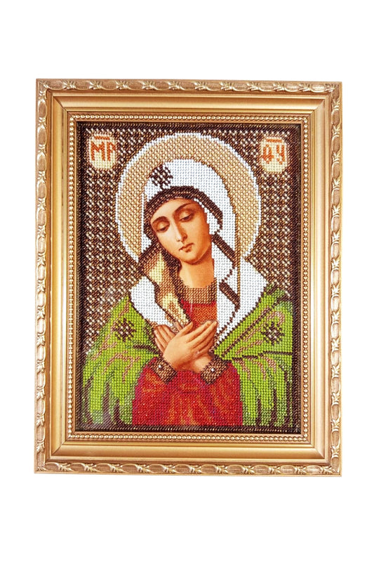 Virgin Mary icon, handmade beaded embroidery, framed Catholic wall art gift