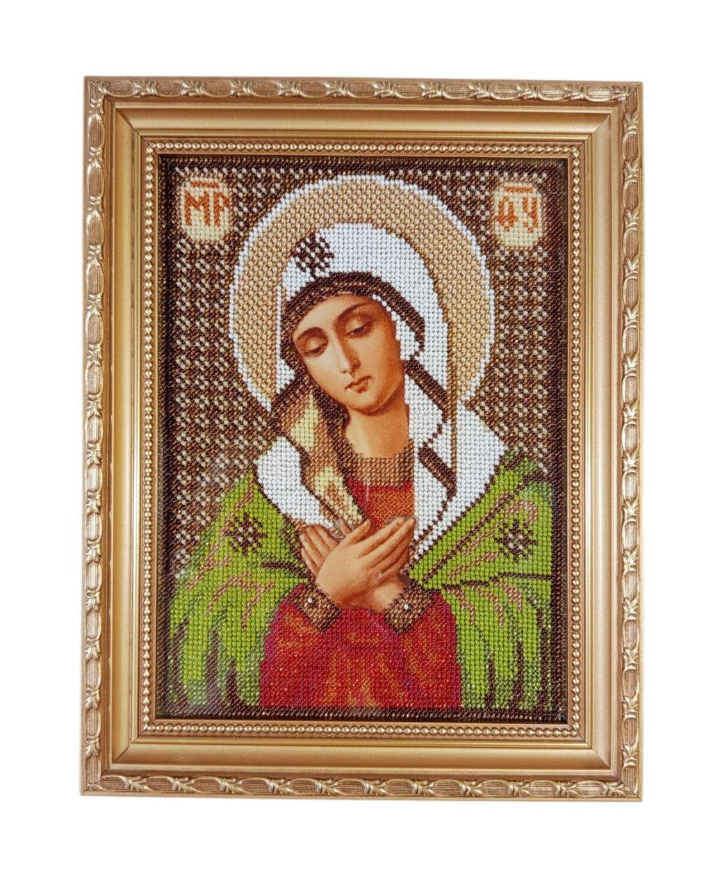 Virgin Mary icon, handmade beaded embroidery, framed Catholic wall art