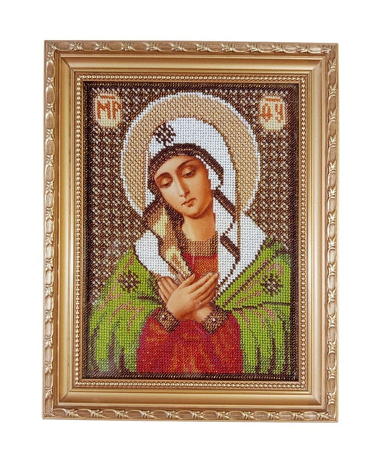 Virgin Mary icon, handmade beaded embroidery, framed Catholic wall art
