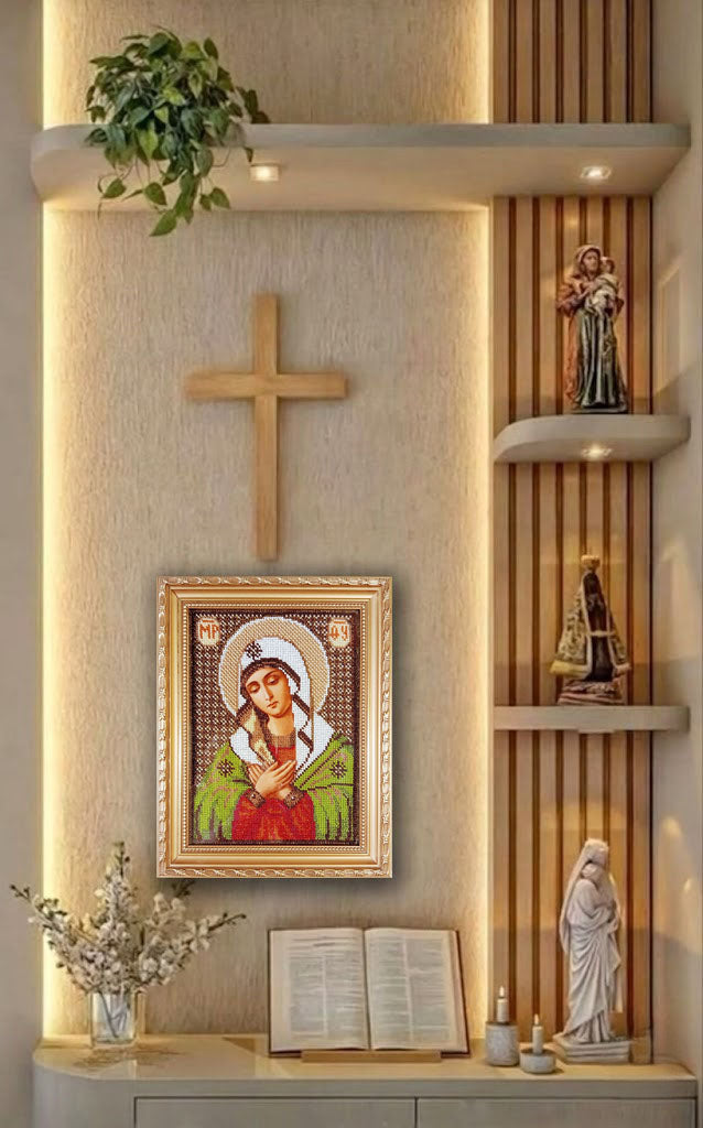 Framed Virgin Mary icon on shelf, home decor religious wall art