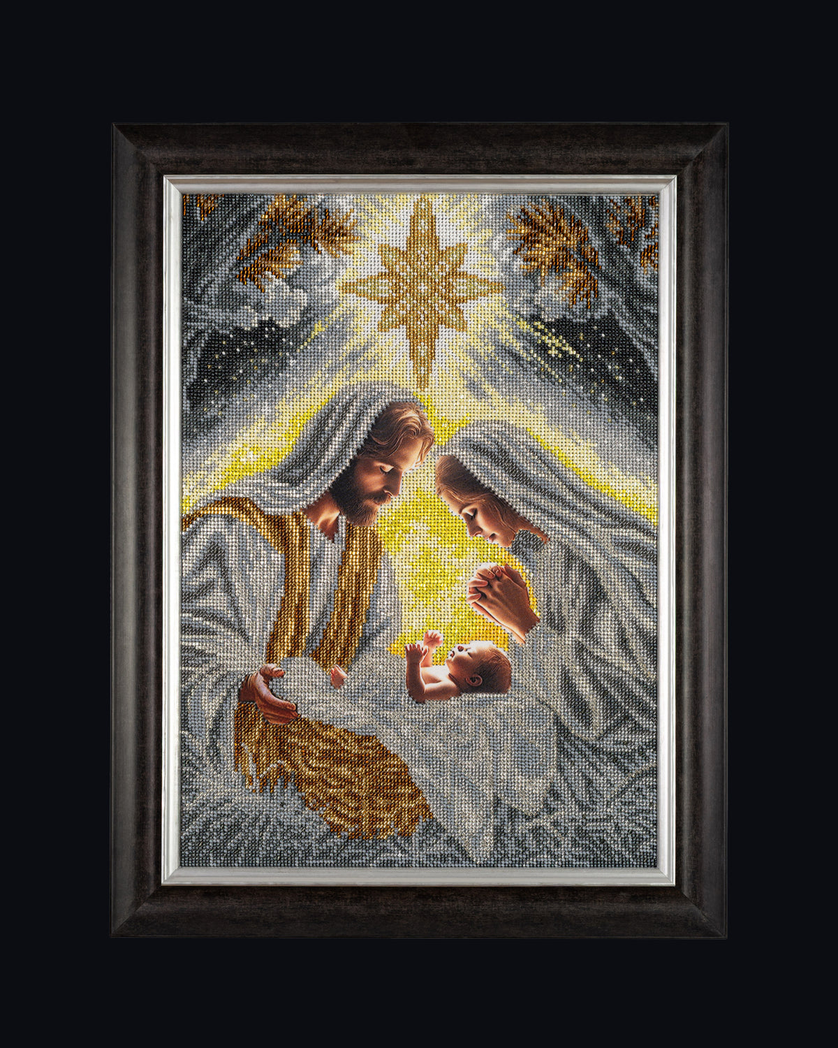 Incarnation — original bead embroidery artwork depicting the Nativity of Christ on the black background, by Raisa Yevtushenko