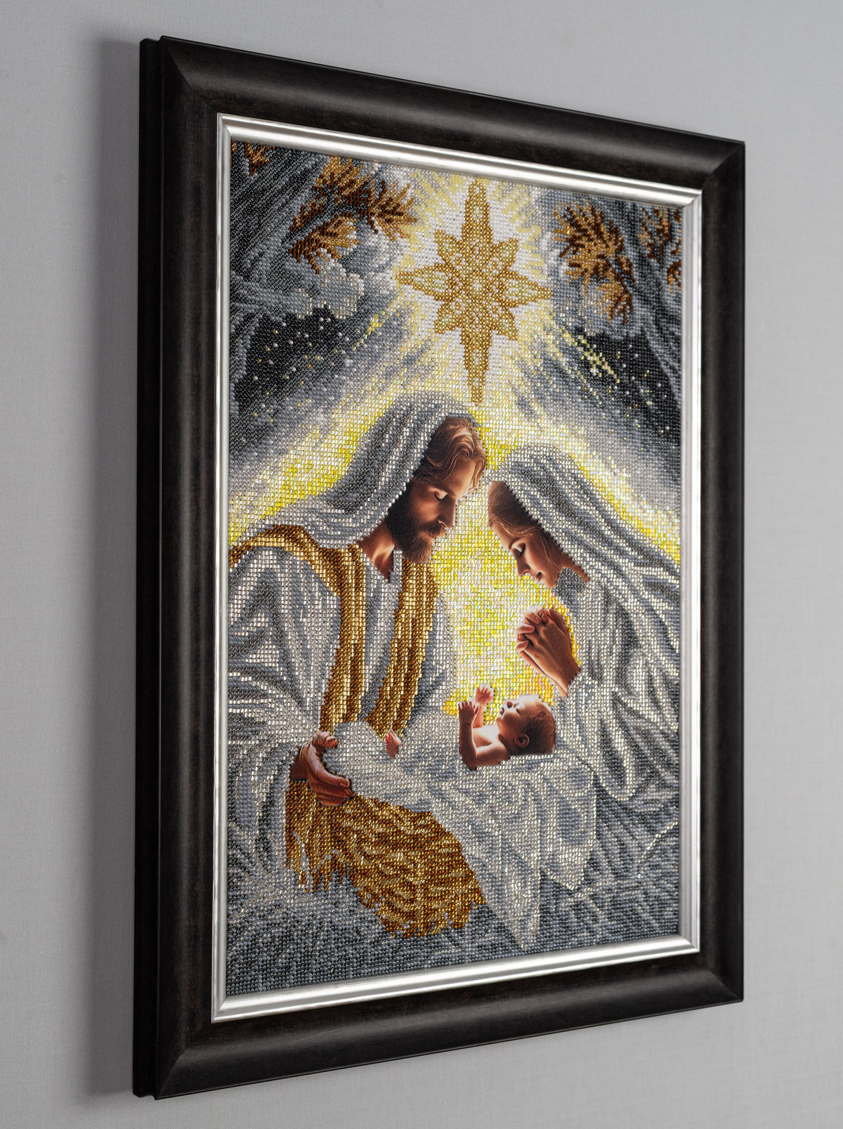 Side view of Incarnation, a framed Nativity of Christ bead embroidery artwork by Raisa Yevtushenko