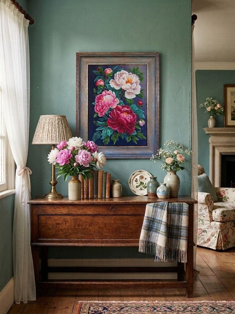 Peonies in Bloom displayed in an English country interior with green walls, antique furniture and fresh flowers