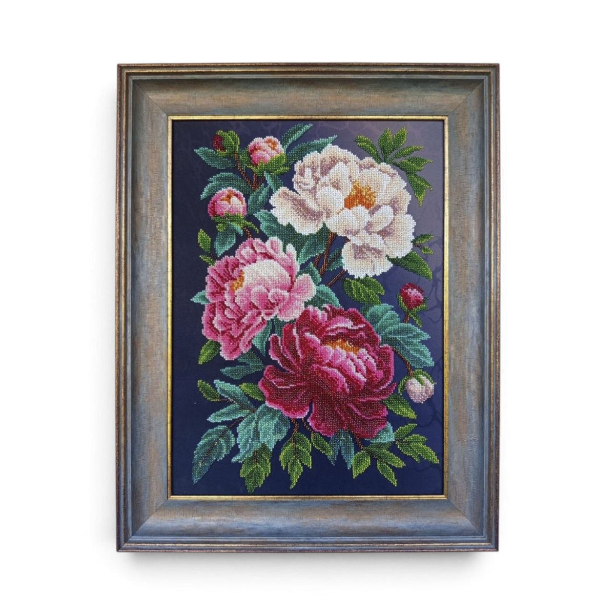 Peonies in Bloom, original framed bead embroidery artwork with white, pink and crimson peonies