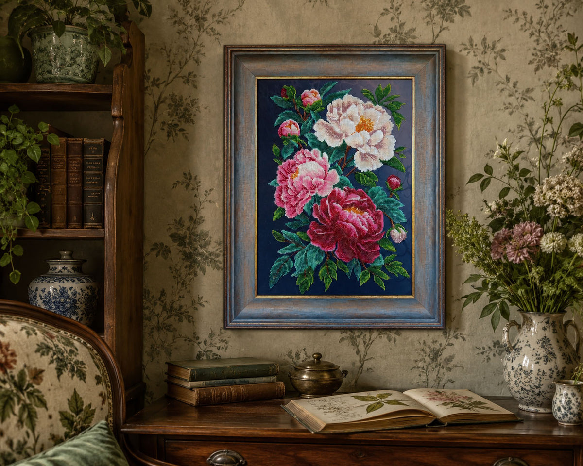 Peonies in Bloom displayed in a vintage-inspired botanical interior with antique furniture, books and floral decor