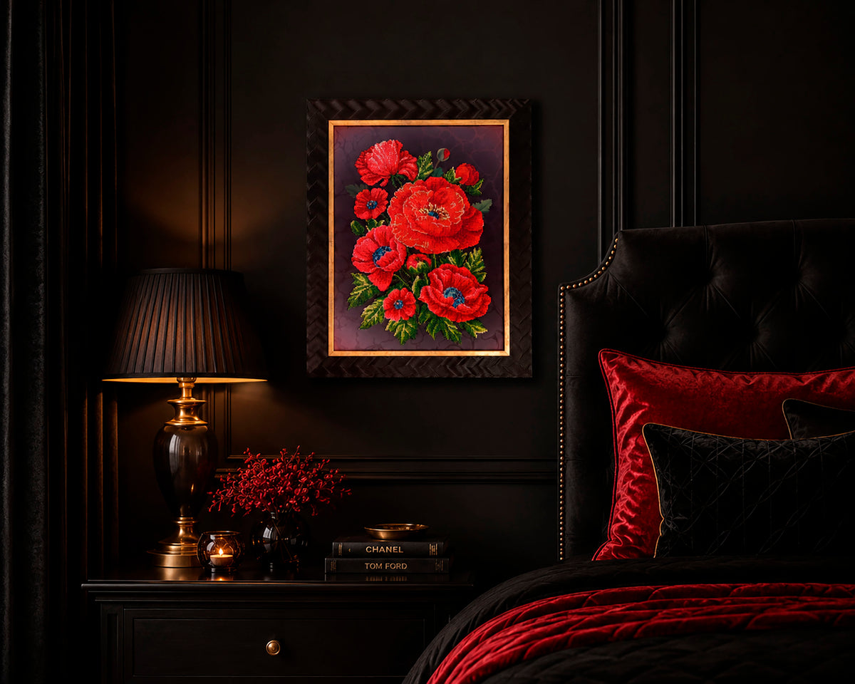 Scarlet Poppies displayed in a dramatic black and red luxury bedroom interior