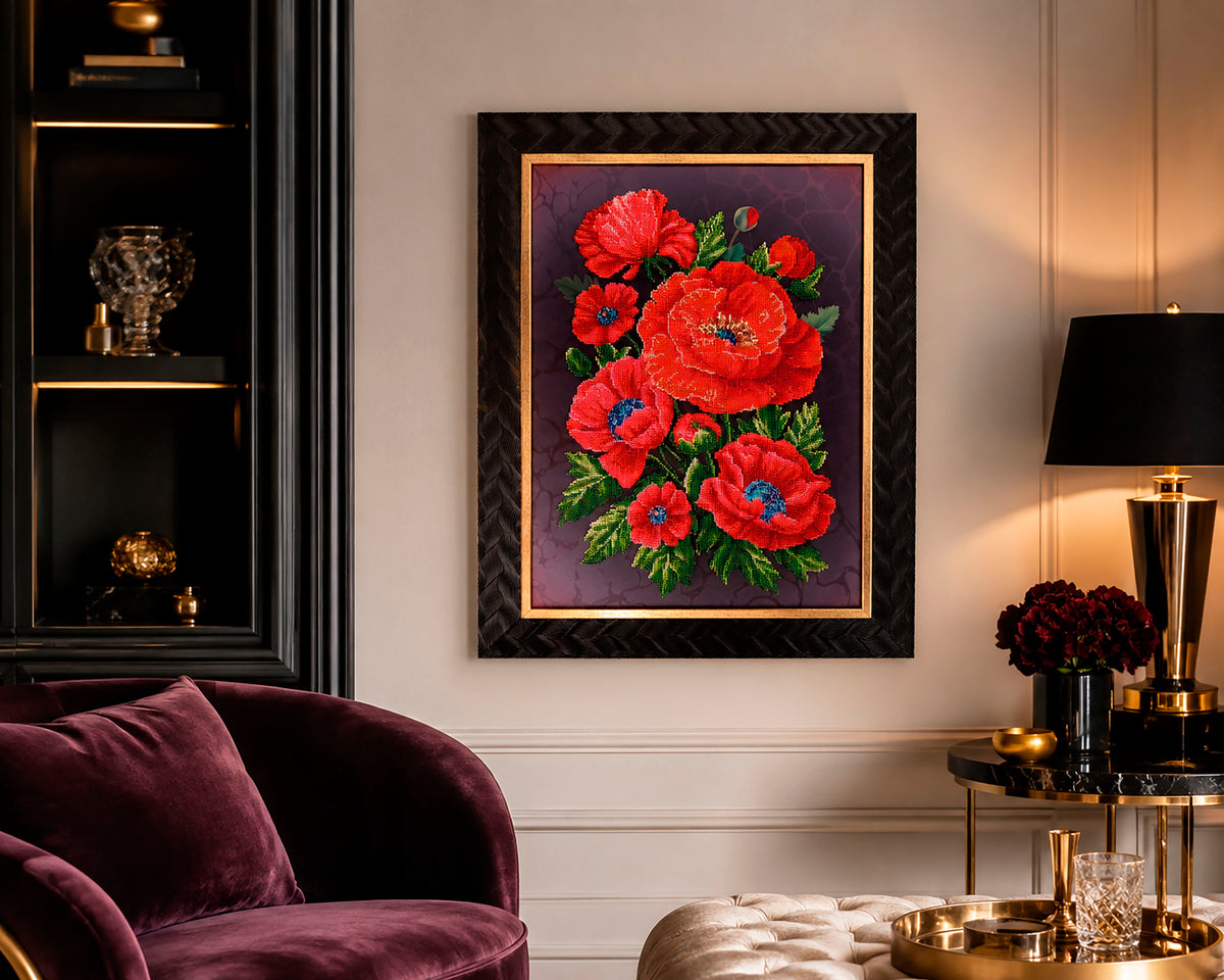 Scarlet Poppies displayed in an elegant living room with dark cabinetry, burgundy seating and gold accents