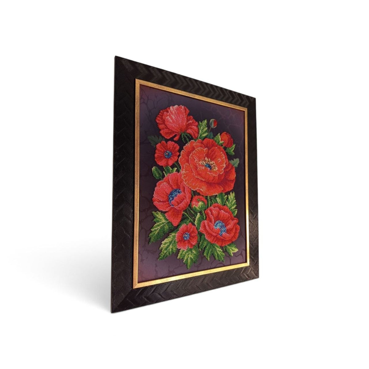 Side view of Scarlet Poppies showing the framed bead embroidery artwork and depth of the dark decorative frame
