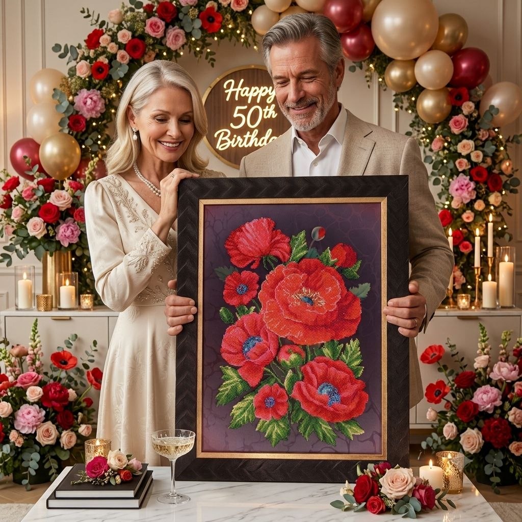 Scarlet Poppies presented as a framed artwork during an elegant 50th birthday celebration