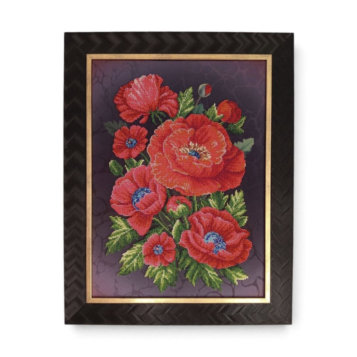 Scarlet Poppies, original framed bead embroidery artwork with vivid red poppies and green foliage on a dark plum background