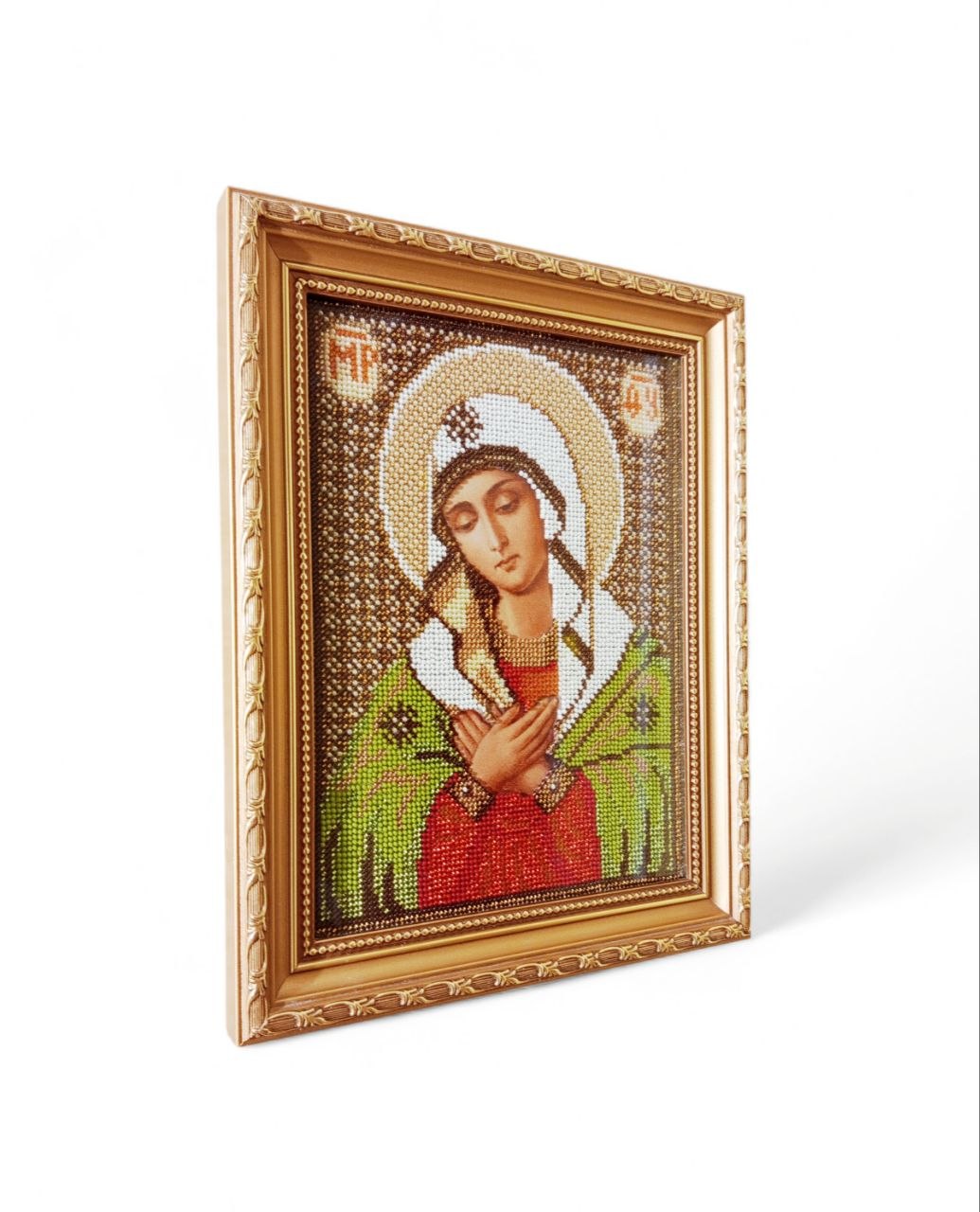 Framed Virgin Mary icon, angled view, handmade wall art