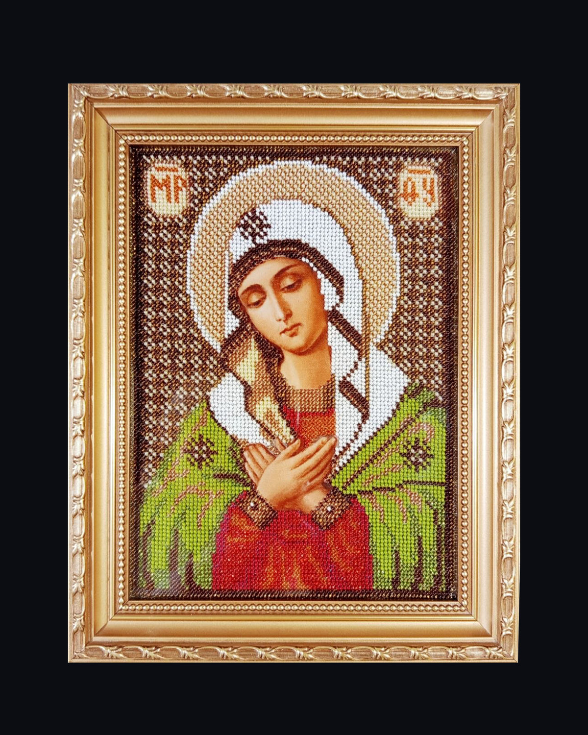 Virgin Mary bead embroidery icon with gold frame, handmade with Czech seed beads