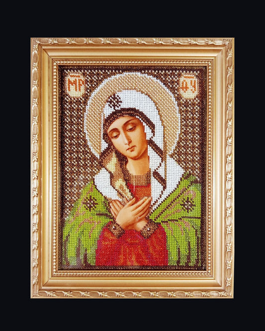 Virgin Mary bead embroidery icon with gold frame, handmade with Czech seed beads